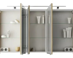 Badmöbelset 3-teilig Pelipal Serie 4035 BxHxT 120 x 200 x 45 cm Frontfarbe eiche riviera mit Waschtisch Keramik weiß und Keramik-Doppelwaschtisch Waschtischunterschrank Spiegelschrank mit LED-Beleuchtung Griff chrom glanz 40351200111470