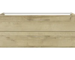Badmöbelset 3-teilig Pelipal Serie 4035 BxHxT 120 x 200 x 45 cm Frontfarbe eiche riviera mit Waschtisch Keramik weiß und Keramik-Doppelwaschtisch Waschtischunterschrank Spiegelschrank mit LED-Beleuchtung Griff chrom glanz 40351200111470