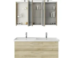 Badmöbelset 3-teilig Pelipal Serie 4035 BxHxT 120 x 200 x 45 cm Frontfarbe eiche riviera mit Waschtisch Keramik weiß und Keramik-Doppelwaschtisch Waschtischunterschrank Spiegelschrank mit LED-Beleuchtung Griff chrom glanz 40351200111470