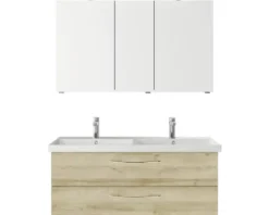 Badmöbelset 3-teilig Pelipal Serie 4035 BxHxT 120 x 200 x 45 cm Frontfarbe eiche riviera mit Waschtisch Keramik weiß und Keramik-Doppelwaschtisch Waschtischunterschrank Spiegelschrank mit LED-Beleuchtung Griff chrom glanz 40351200111470