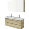 Badmöbelset 3-teilig Pelipal Serie 4035 BxHxT 120 x 200 x 45 cm Frontfarbe eiche riviera mit Waschtisch Keramik weiß und Keramik-Doppelwaschtisch Waschtischunterschrank Spiegelschrank mit LED-Beleuchtung 40351200121470