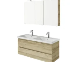 Badmöbelset 3-teilig Pelipal Serie 4035 BxHxT 120 x 200 x 45 cm Frontfarbe eiche riviera mit Waschtisch Keramik weiß und Keramik-Doppelwaschtisch Waschtischunterschrank Spiegelschrank mit LED-Beleuchtung 40351200121470