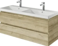 Badmöbelset 3-teilig Pelipal Serie 4035 BxHxT 120 x 200 x 45 cm Frontfarbe eiche riviera mit Waschtisch Keramik weiß und Keramik-Doppelwaschtisch Waschtischunterschrank Spiegelschrank mit LED-Beleuchtung 40351200121470