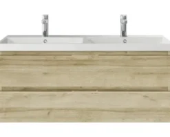 Badmöbelset 3-teilig Pelipal Serie 4035 BxHxT 120 x 200 x 45 cm Frontfarbe eiche riviera mit Waschtisch Keramik weiß und Keramik-Doppelwaschtisch Waschtischunterschrank Spiegelschrank mit LED-Beleuchtung 40351200121470