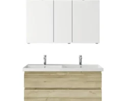 Badmöbelset 3-teilig Pelipal Serie 4035 BxHxT 120 x 200 x 45 cm Frontfarbe eiche riviera mit Waschtisch Keramik weiß und Keramik-Doppelwaschtisch Waschtischunterschrank Spiegelschrank mit LED-Beleuchtung 40351200121470
