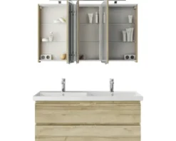 Badmöbelset 3-teilig Pelipal Serie 4035 BxHxT 120 x 200 x 45 cm Frontfarbe eiche riviera mit Waschtisch Keramik weiß und Keramik-Doppelwaschtisch Waschtischunterschrank Spiegelschrank mit LED-Beleuchtung 40351200121470