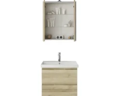 Badmöbelset 3-teilig Pelipal Serie 4035 BxHxT 60 x 200 x 45 cm Frontfarbe eiche riviera mit Waschtisch Keramik weiß und Keramik-Waschtisch Waschtischunterschrank Spiegelschrank mit LED-Beleuchtung 40350600121470