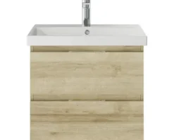 Badmöbelset 3-teilig Pelipal Serie 4035 BxHxT 60 x 200 x 45 cm Frontfarbe eiche riviera mit Waschtisch Keramik weiß und Keramik-Waschtisch Waschtischunterschrank Spiegelschrank mit LED-Beleuchtung 40350600121470