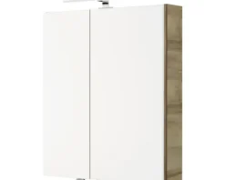 Badmöbelset 3-teilig Pelipal Serie 4035 BxHxT 60 x 200 x 45 cm Frontfarbe eiche riviera mit Waschtisch Keramik weiß und Keramik-Waschtisch Waschtischunterschrank Spiegelschrank mit LED-Beleuchtung 40350600121470