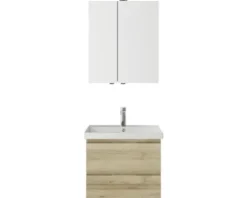Badmöbelset 3-teilig Pelipal Serie 4035 BxHxT 60 x 200 x 45 cm Frontfarbe eiche riviera mit Waschtisch Keramik weiß und Keramik-Waschtisch Waschtischunterschrank Spiegelschrank mit LED-Beleuchtung 40350600121470