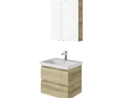 Badmöbelset 3-teilig Pelipal Serie 4035 BxHxT 60 x 200 x 45 cm Frontfarbe eiche riviera mit Waschtisch Keramik weiß und Keramik-Waschtisch Waschtischunterschrank Spiegelschrank mit LED-Beleuchtung 40350600121470
