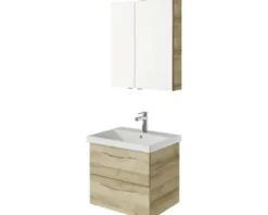 Badmöbelset 3-teilig Pelipal Serie 4035 BxHxT 60 x 200 x 45 cm Frontfarbe eiche riviera mit Waschtisch Keramik weiß und Keramik-Waschtisch Waschtischunterschrank Spiegelschrank mit LED-Beleuchtung Griff chrom glanz 40350600111470