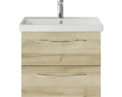 Badmöbelset 3-teilig Pelipal Serie 4035 BxHxT 60 x 200 x 45 cm Frontfarbe eiche riviera mit Waschtisch Keramik weiß und Keramik-Waschtisch Waschtischunterschrank Spiegelschrank mit LED-Beleuchtung Griff chrom glanz 40350600111470