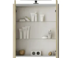 Badmöbelset 3-teilig Pelipal Serie 4035 BxHxT 60 x 200 x 45 cm Frontfarbe eiche riviera mit Waschtisch Keramik weiß und Keramik-Waschtisch Waschtischunterschrank Spiegelschrank mit LED-Beleuchtung Griff chrom glanz 40350600111470