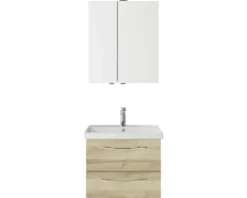 Badmöbelset 3-teilig Pelipal Serie 4035 BxHxT 60 x 200 x 45 cm Frontfarbe eiche riviera mit Waschtisch Keramik weiß und Keramik-Waschtisch Waschtischunterschrank Spiegelschrank mit LED-Beleuchtung Griff chrom glanz 40350600111470