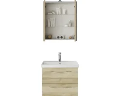 Badmöbelset 3-teilig Pelipal Serie 4035 BxHxT 60 x 200 x 45 cm Frontfarbe eiche riviera mit Waschtisch Keramik weiß und Keramik-Waschtisch Waschtischunterschrank Spiegelschrank mit LED-Beleuchtung Griff chrom glanz 40350600111470