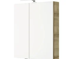 Badmöbelset 3-teilig Pelipal Serie 4035 BxHxT 60 x 200 x 45 cm Frontfarbe eiche riviera mit Waschtisch Keramik weiß und Keramik-Waschtisch Waschtischunterschrank Spiegelschrank mit LED-Beleuchtung Griff chrom glanz 40350600111470