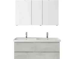 Badmöbelset 3-teilig Pelipal Serie 4035 BxHxT 120 x 200 x 45 cm Frontfarbe grau mit Waschtisch Keramik weiß und Keramik-Doppelwaschtisch Waschtischunterschrank Spiegelschrank mit LED-Beleuchtung 40351200121030