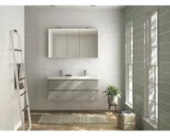Badmöbelset 3-teilig Pelipal Serie 4035 BxHxT 120 x 200 x 45 cm Frontfarbe grau mit Waschtisch Keramik weiß und Keramik-Doppelwaschtisch Waschtischunterschrank Spiegelschrank mit LED-Beleuchtung 40351200121030