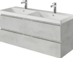 Badmöbelset 3-teilig Pelipal Serie 4035 BxHxT 120 x 200 x 45 cm Frontfarbe grau mit Waschtisch Keramik weiß und Keramik-Doppelwaschtisch Waschtischunterschrank Spiegelschrank mit LED-Beleuchtung 40351200121030