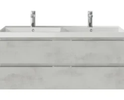 Badmöbelset 3-teilig Pelipal Serie 4035 BxHxT 120 x 200 x 45 cm Frontfarbe grau mit Waschtisch Keramik weiß und Keramik-Doppelwaschtisch Waschtischunterschrank Spiegelschrank mit LED-Beleuchtung 40351200121030