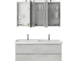 Badmöbelset 3-teilig Pelipal Serie 4035 BxHxT 120 x 200 x 45 cm Frontfarbe grau mit Waschtisch Keramik weiß und Keramik-Doppelwaschtisch Waschtischunterschrank Spiegelschrank mit LED-Beleuchtung 40351200121030