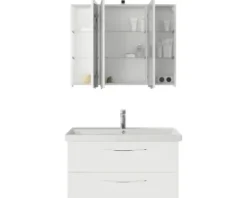 Badmöbelset 3-teilig Pelipal Serie 4035 BxHxT 90 x 200 x 45 cm Frontfarbe weiß mit Waschtisch Keramik weiß und Keramik-Waschtisch Waschtischunterschrank Spiegelschrank mit LED-Beleuchtung Griff chrom glanz 40350900111150