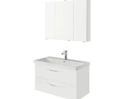 Badmöbelset 3-teilig Pelipal Serie 4035 BxHxT 90 x 200 x 45 cm Frontfarbe weiß mit Waschtisch Keramik weiß und Keramik-Waschtisch Waschtischunterschrank Spiegelschrank mit LED-Beleuchtung Griff chrom glanz 40350900111150