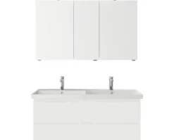 Badmöbelset 3-teilig Pelipal Serie 4035 BxHxT 120 x 200 x 45 cm Frontfarbe weiß mit Waschtisch Keramik weiß und Keramik-Doppelwaschtisch Waschtischunterschrank Spiegelschrank mit LED-Beleuchtung 40351200121150