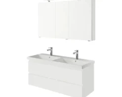 Badmöbelset 3-teilig Pelipal Serie 4035 BxHxT 120 x 200 x 45 cm Frontfarbe weiß mit Waschtisch Keramik weiß und Keramik-Doppelwaschtisch Waschtischunterschrank Spiegelschrank mit LED-Beleuchtung 40351200121150