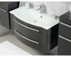 Badmöbelset 3-teilig Pelipal xpressline 4005 BxHxT 92 x 200 x 49,1 cm Frontfarbe grau hochglanz mit Waschtisch Glas weiß und Glaswaschtisch Waschtischunterschrank Spiegelschrank mit LED-Beleuchtung Griff chrom glanz 992.0900212 9920900212