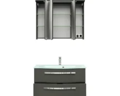 Badmöbelset 3-teilig Pelipal xpressline 4005 BxHxT 92 x 200 x 49,1 cm Frontfarbe grau hochglanz mit Waschtisch Glas weiß und Glaswaschtisch Waschtischunterschrank Spiegelschrank mit LED-Beleuchtung Griff chrom glanz 992.0900212 9920900212