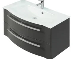 Badmöbelset 3-teilig Pelipal xpressline 4005 BxHxT 92 x 200 x 49,1 cm Frontfarbe grau hochglanz mit Waschtisch Glas weiß und Glaswaschtisch Waschtischunterschrank Spiegelschrank mit LED-Beleuchtung Griff chrom glanz 992.0900212 9920900212
