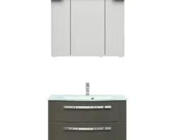Badmöbelset 3-teilig Pelipal xpressline 4005 BxHxT 92 x 200 x 49,1 cm Frontfarbe grau hochglanz mit Waschtisch Glas weiß und Glaswaschtisch Waschtischunterschrank Spiegelschrank mit LED-Beleuchtung Griff chrom glanz 992.0900212 9920900212