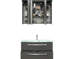Badmöbelset 3-teilig Pelipal xpressline 4005 BxHxT 92 x 200 x 49,1 cm Frontfarbe grau hochglanz mit Waschtisch Glas weiß und Glaswaschtisch Waschtischunterschrank Spiegelschrank mit LED-Beleuchtung Griff chrom glanz 992.0900212 9920900212
