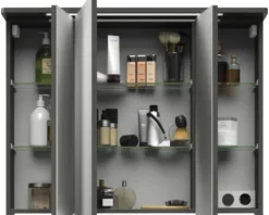 Badmöbelset 3-teilig Pelipal xpressline 4005 BxHxT 92 x 200 x 49,1 cm Frontfarbe grau hochglanz mit Waschtisch Glas weiß und Glaswaschtisch Waschtischunterschrank Spiegelschrank mit LED-Beleuchtung Griff chrom glanz 992.0900212 9920900212