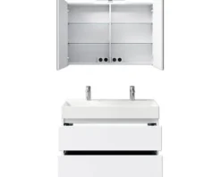 Badmöbelset 5-teilig und mehr Pelipal Torino BxHxT 101 x 200 x 40 cm Frontfarbe weiß hochglanz mit Waschtisch Keramik weiß und Keramik-Doppelwaschtisch Waschtischunterschrank Spiegelschrank mit LED-Beleuchtung SET-125-031