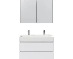 Badmöbelset 5-teilig und mehr Pelipal Torino BxHxT 101 x 200 x 40 cm Frontfarbe weiß hochglanz mit Waschtisch Keramik weiß und Keramik-Doppelwaschtisch Waschtischunterschrank Spiegelschrank mit LED-Beleuchtung SET-125-031