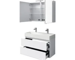Badmöbelset 5-teilig und mehr Pelipal Torino BxHxT 101 x 200 x 40 cm Frontfarbe weiß hochglanz mit Waschtisch Keramik weiß und Keramik-Doppelwaschtisch Waschtischunterschrank Spiegelschrank mit LED-Beleuchtung SET-125-031