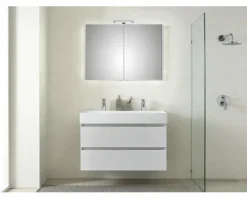 Badmöbelset 5-teilig und mehr Pelipal Torino BxHxT 101 x 200 x 40 cm Frontfarbe weiß hochglanz mit Waschtisch Keramik weiß und Keramik-Doppelwaschtisch Waschtischunterschrank Spiegelschrank mit LED-Beleuchtung SET-125-031