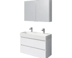 Badmöbelset 5-teilig und mehr Pelipal Torino BxHxT 101 x 200 x 40 cm Frontfarbe weiß hochglanz mit Waschtisch Keramik weiß und Keramik-Doppelwaschtisch Waschtischunterschrank Spiegelschrank mit LED-Beleuchtung SET-125-031