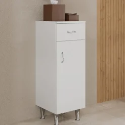Bad-Unterschrank auf Füßen, mit Tür und Schublade in weißer Farbe | Easy