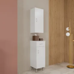 Bad-Unterschrank auf Füßen, mit Tür und Schublade in weißer Farbe | Easy