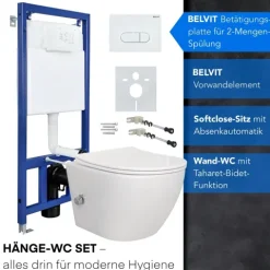 Belvit Spülrandloses Hänge Dusch-WC Komplettset mit Taharet Kalt/-Warmwasserarmatur inkl. Vorwandelement, Softclose WC-Sitz und Drückerplatte weiß