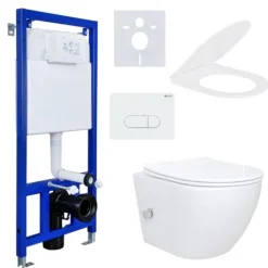 Belvit Spülrandloses Hänge Dusch-WC Komplettset mit Taharet Kalt/-Warmwasserarmatur inkl. Vorwandelement, Softclose WC-Sitz und Drückerplatte weiß