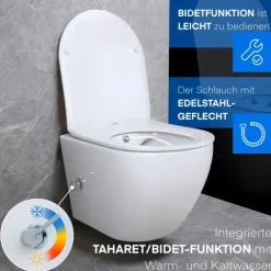 Belvit Spülrandloses Hänge Dusch-WC Komplettset mit Taharet Kalt/-Warmwasserarmatur inkl. Vorwandelement, Softclose WC-Sitz und Drückerplatte weiß