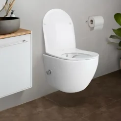 Belvit Spülrandloses Hänge Dusch-WC Komplettset mit Taharet Kalt/-Warmwasserarmatur inkl. Vorwandelement, Softclose WC-Sitz und Drückerplatte weiß