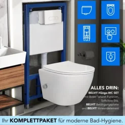 Belvit Spülrandloses Hänge Dusch-WC Komplettset mit Taharet Kalt/-Warmwasserarmatur inkl. Vorwandelement, Softclose WC-Sitz und Drückerplatte weiß