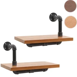 BERLINLODGE 2er-Set Wandregal HxBxT 29x45x25cm Hängeregal Regal Bücherregal 3D-Struktur Industrial Stahl Massiv-Holz Natur