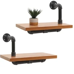 BERLINLODGE 2er-Set Wandregal HxBxT 29x45x25cm Hängeregal Regal Bücherregal 3D-Struktur Industrial Stahl Massiv-Holz Natur